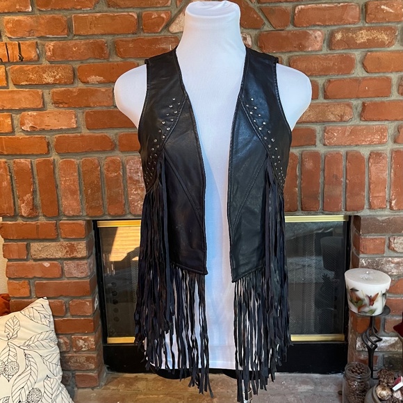 Faux Leather Moto Western Fringe Studded Vest sz S